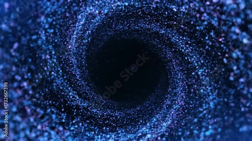 Swirling Digital Vortex into Darkness - Abstract digital animation of a swirling vortex made of blue and purple particles disappearing into a dark central point.