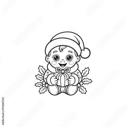 Christmas Baby Delight: A sweet baby, adorned in a festive Santa hat, gleefully clutches a wrapped present, nestled amidst holly.