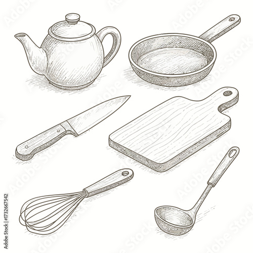 Kitchenware Sketch Teapot, Pan, Knife