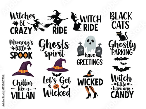 Halloween themed illustration elements: A compilation of spooky illustrations with Witchcraft themes. Embodying the spirit of Halloween with various elements and a chilling atmosphere.