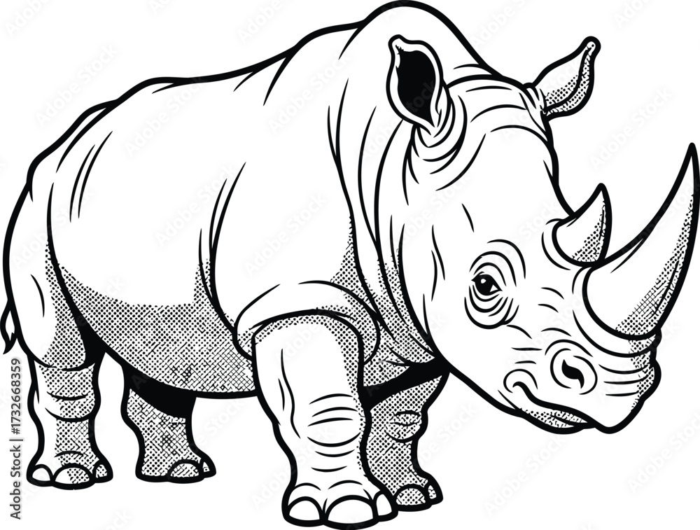 Fototapeta premium Graphic rhinoceros illustration, endangered wildlife, comic style