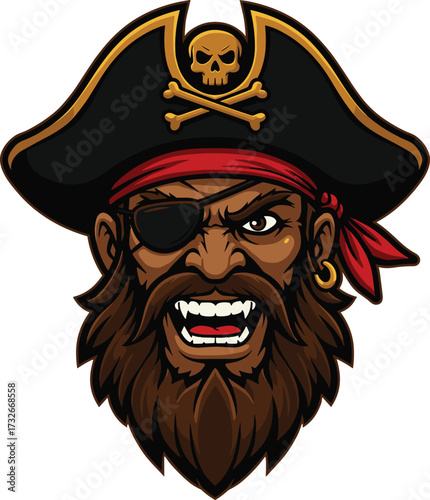 Angry pirate mascot illustration with skull hat, eyepatch and beard, detailed vector design for logo, gaming, sports team or adventure theme