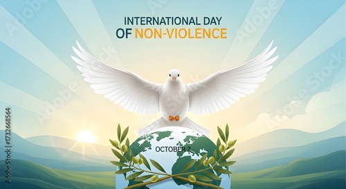 Inspiring International Day of Non-Violence October 2nd with Dove, Globe, Olive Branch, and Peaceful Sky for Campaigns and Awareness Initiatives