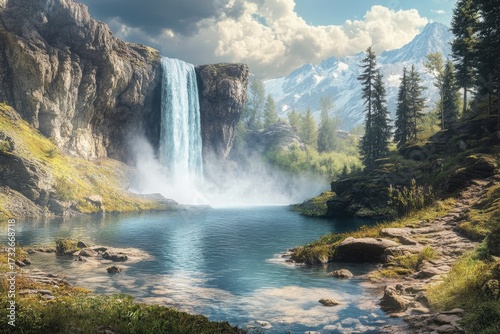 Majestic waterfall cascading into tranquil lake surrounded by mountains and lush greenery