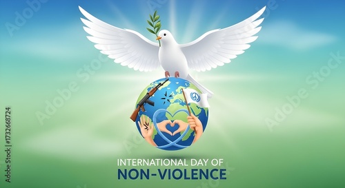 Inspiring non violence message with a peaceful dove carrying an olive branch above the world, promoting peace, global unity, and international harmony