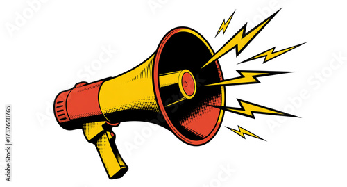 Pop art illustration of a megaphone with yellow and red colors, emitting lightning bolts to represent sound, announcement, loudness, and communication.