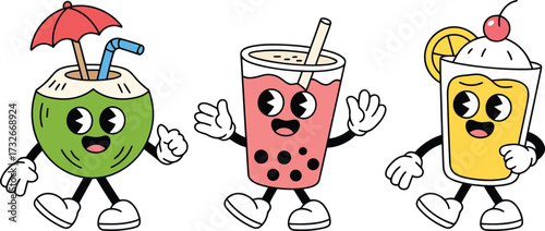 Joyful cartoon drinks, a happy coconut, bubble tea, and a cocktail, celebrate summer with fun retro vibes and vibrant colors