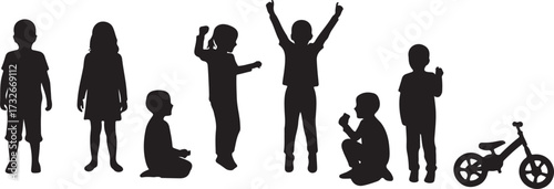 Silhouettes of children in playful poses, sitting, standing, gesturing, with bicycle, white background, childhood activity, minimal design, motion study