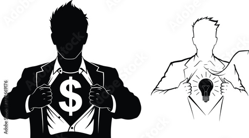 Businessman opening shirt with dollar symbol and light bulb, concept of money, creativity, innovation, financial success, idea, investment, leadership, entrepreneurship
