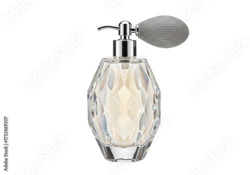 Obraz na plátně Elegant faceted glass perfume bottle with silver atomizer isolated, vintage frag