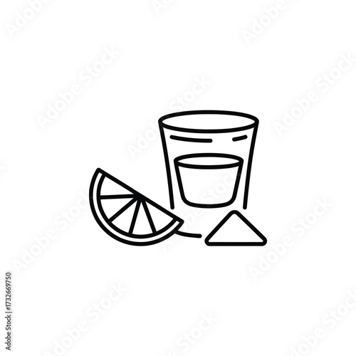 Simple line art icon of a tequila shot with lime and salt