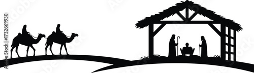 Christmas nativity silhouette with holy family in stable, baby Jesus in manger, three wise men on camels traveling, traditional biblical religious art