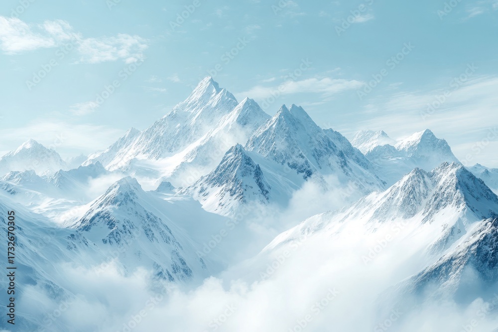 Obraz premium Majestic snow-capped mountains rise above clouds on a clear day in a winter landscape