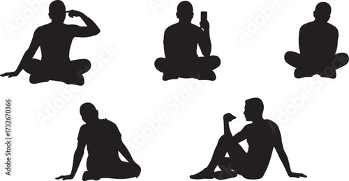 Silhouettes of seated people in relaxed poses, body language, casual sitting, gesture study, artistic reference, white background, minimal design