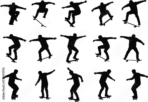 Dynamic skateboard silhouette collection featuring trick jumps and skateboarding poses, extreme sports vector design for urban culture, street lifestyle, youth activity illustration