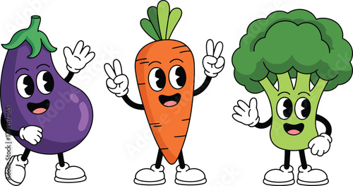 Whimsical vintage cartoon vegetables eggplant carrot broccoli friends dancing and celebrating with peace signs and smiles