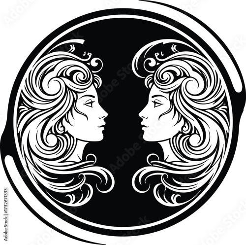 Gemini zodiac sign illustration with twin women faces, astrology horoscope symbol in circular design, black and white decorative vector artwork
