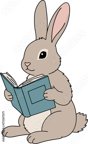 Cute rabbit reading book. Animal character education and learning graphic element on transparent background for kids design.