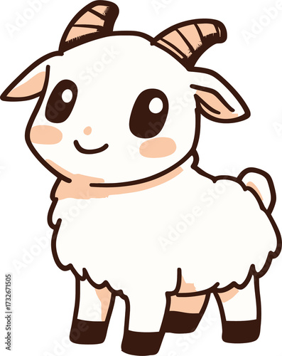 Cute goat with tiny horns smiling. Adorable white baby goat design for children book. Funny comic sheep character on transparent background.