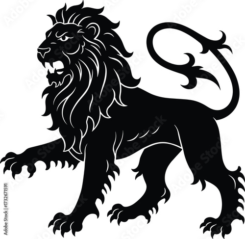 Heraldic lion silhouette, medieval emblem animal, roaring lion tattoo design, coat of arms symbol, strong beast illustration, vintage crest artwork