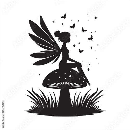 Fairy sitting on mushroom with fireflies vector silhouette clip art logo design concept illustration