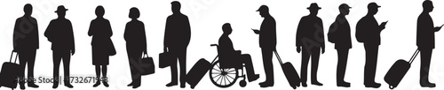 Silhouettes of diverse people in queue, travel scene, airport line, wheelchair user, mobile device, modern lifestyle, public waiting area