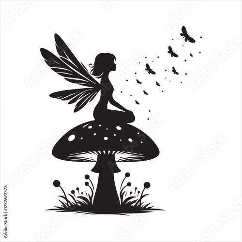 Fairy sitting on mushroom with fireflies vector silhouette clip art logo design concept illustration