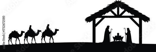Nativity scene silhouette with three wise men on camels, holy family in stable, Christmas religious illustration, traditional biblical story art design