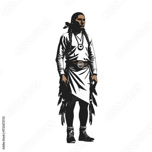 Native American silhouette wearing traditional feather headdress and attire during a cultural celebration