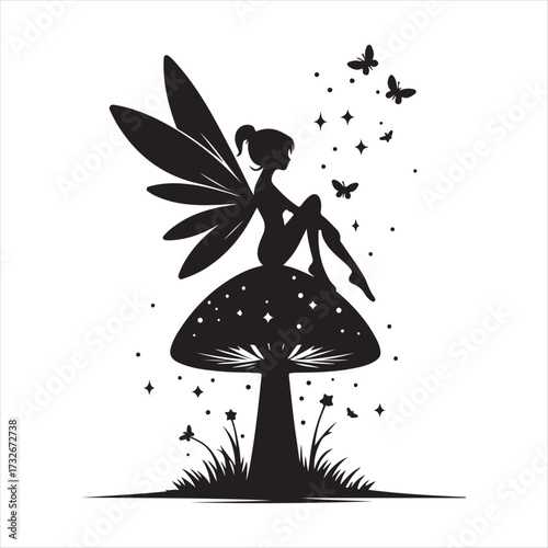 Fairy sitting on mushroom with fireflies vector silhouette clip art logo design concept illustration