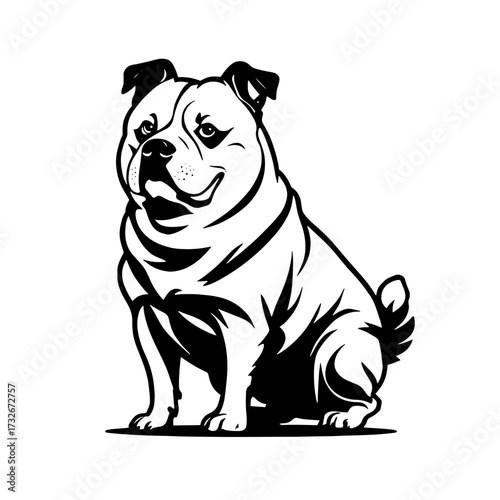 Stylized illustration of a happy dog sitting calmly in a simple and clear design, showcasing its unique features and friendly expression