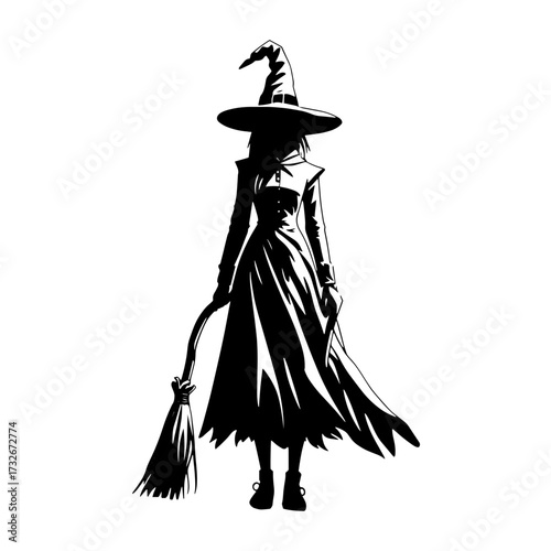 Witch holding a staff and bag, surrounded by bats during a spooky Halloween night