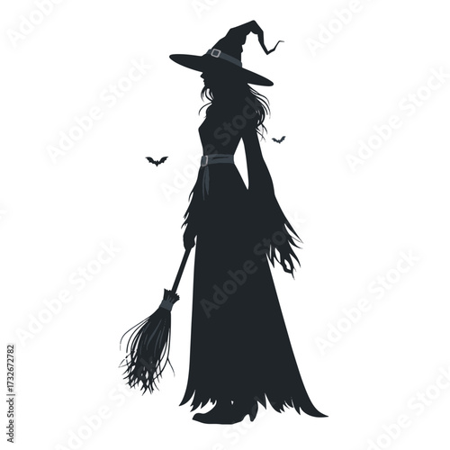 Witch holding a staff and bag, surrounded by bats during a spooky Halloween night