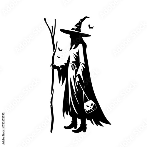 Witch holding a staff and bag, surrounded by bats during a spooky Halloween night
