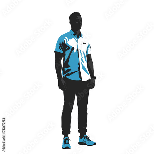 Young man dressed in casual attire stands confidently against a plain background in a creative artistic style