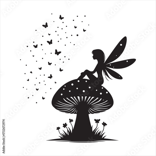 Fairy sitting on mushroom with fireflies vector silhouette clip art logo design concept illustration