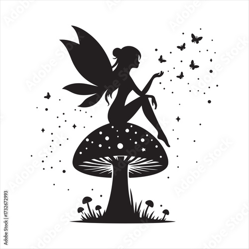 Fairy sitting on mushroom with fireflies vector silhouette clip art logo design concept illustration