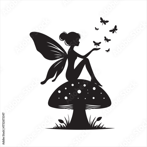 Fairy sitting on mushroom with fireflies vector silhouette clip art logo design concept illustration