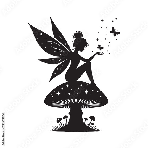 Fairy sitting on mushroom with fireflies vector silhouette clip art logo design concept illustration