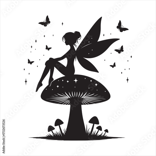 Fairy sitting on mushroom with fireflies vector silhouette clip art logo design concept illustration