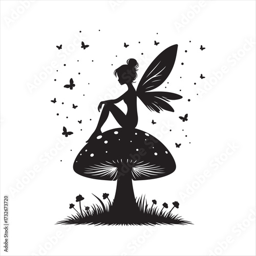 Fairy sitting on mushroom with fireflies vector silhouette clip art logo design concept illustration