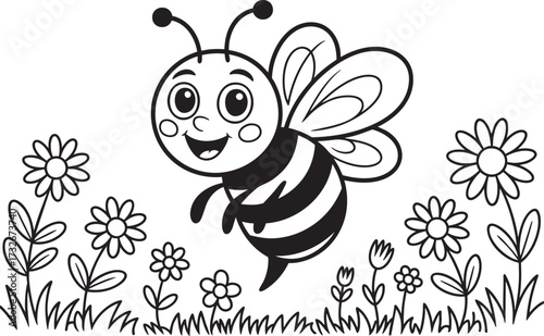 Cute bee silhouette vector icon illustration, Coloring outline of cute hornet 