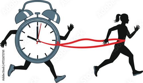 Urgent race against the clock, a determined woman runner striving to meet a deadline, time management and pressure concept for business goals, success, and fitness