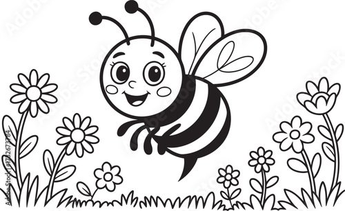 Cute bee silhouette vector icon illustration, Coloring outline of cute hornet 