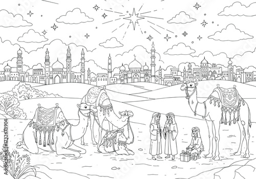 Three wise men illustration with camels, star of Bethlehem and city background, nativity Christmas story line art, biblical religious drawing design