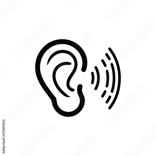 Simple line art icon of an ear receiving sound waves