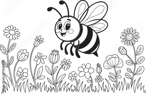 Cute bee silhouette vector icon illustration, Coloring outline of cute hornet 
