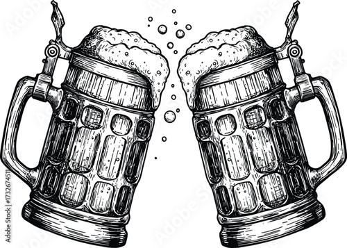 Vintage beer mugs engraving, retro ale steins, Oktoberfest celebration, frothy pint illustration, pub drinking sketch, cheers toast design, craft brewery artwork