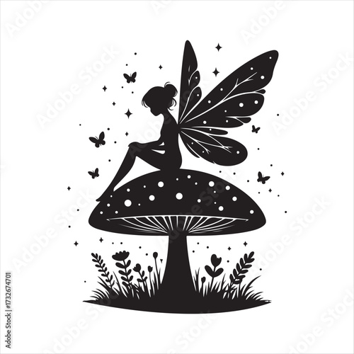 Fairy sitting on mushroom with fireflies vector silhouette clip art logo design concept illustration
