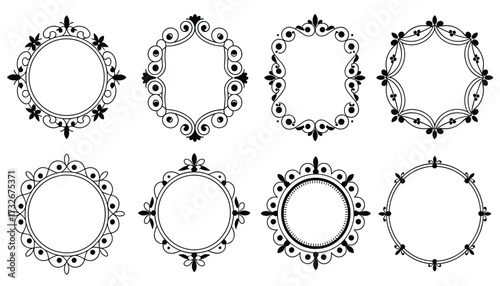 Collection of eight ornate decorative vintage frames and borders in black on a